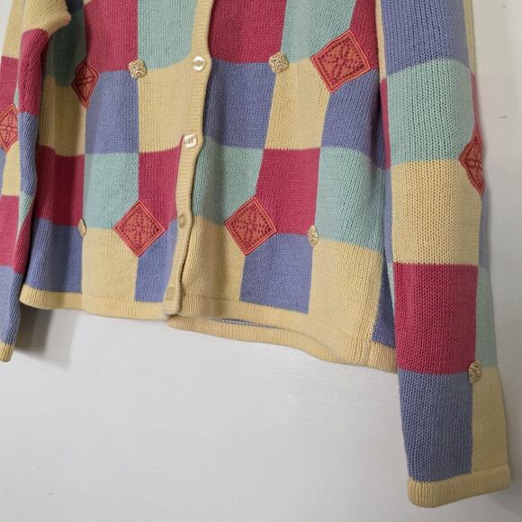 Vintage Pastel Checkered Cardigan Sweater Women L Fairy Embroidered Boho Cottage - Picture 5 of 9